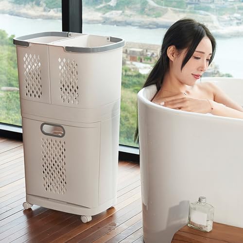 3 Compartment Plastic Laundry Hamper with Wheels Lightweight and Portable Storage Basket for Laundry Room and Bedroom - Image 7