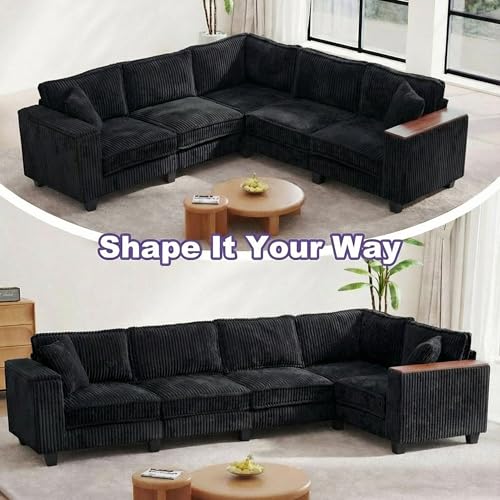 Image of 126 inch L Shaped Couch, 5 Seat Corner Couch with Storage Armrest & 2 Pillows, Convertible V Shaped Sectional Couch, Comfy L Shaped Sectional Couch, Black Sectional Couches for Living Room