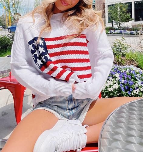 Women's American Flag Graphic Sweater Vintage Loose Hollow Out 4th of July Jumper Summer USA Flag Pullover Top4