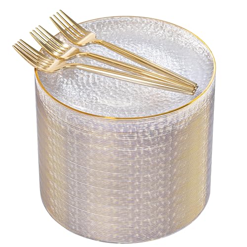 Rubtlamp 200 Pcs Clear Gold Dessert Plates with Forks 6 inch Hammered Gold Small Disposable Plates Fancy Appetizer Platos Include 100 Cake Plate 6 inch 100 gold Forks for Birthday Wedding Teatime