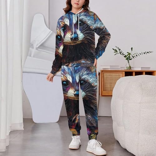 Boys Girls Sweatshirt Set Kid 2 Piece Pullover Hoodie Jogger Sweatpants, Raccoon Stained Glass Art2