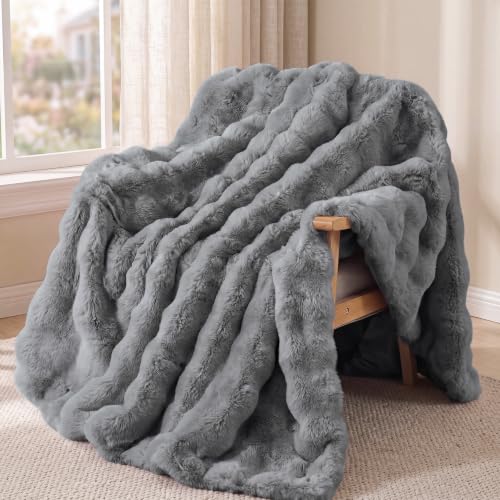 Cuddleux Gray Faux Fur Throw Blanket, Soft Fuzzy Blanket 50x60inch - image 1