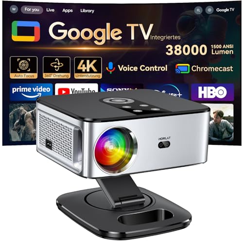 Beamer【1500 ANSI & Google TV】 HORLAT Beamer 4K Heimkino, Full HD 1080P WiFi6 Bluetooth, Autofokus/Trapezkorrektur,Sprachsteuerung,HDR10, Projektor Mit 360° Drehbarem Ständer