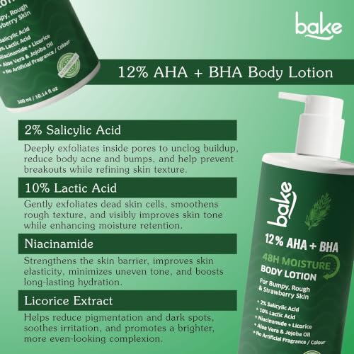 Image of BAKE 10% AHA + 2% BHA Body Lotion for Strawberry Legs | Lactic Acid & Niacinamide | 48H Moisture, Lactic Acid & Salicylic Acid Lotion for Rough & Bumpy Skin | 300ml