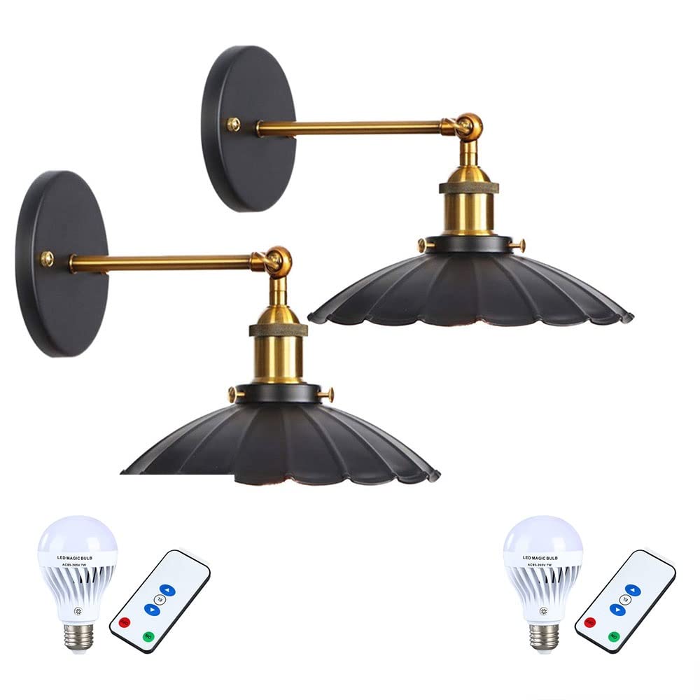 ZHCS 2 vintage wall lights, rechargeable lithium battery powered wireless remote control wall light, 240 degree adjustable industrial wall light for dining room gallery aisle kitchen room doorway
