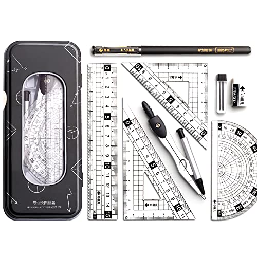 MHwan escuadra y cartabon, 8 piezas compas escolar, metal durable exterior caso conjunto, transportador y brújula conjunto con regla transportador borrador para estudiantes de matemáticas(negro)