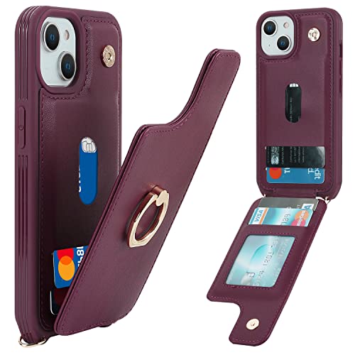 Image of for iPhone 14 Case with Card Holder and Strap for Women,Crossbody Lanyard,RFID Blocking,Stand Ring Kickstand,Snap Clasp,Phone Wallet Cases 6.1 inch(Wine Red)