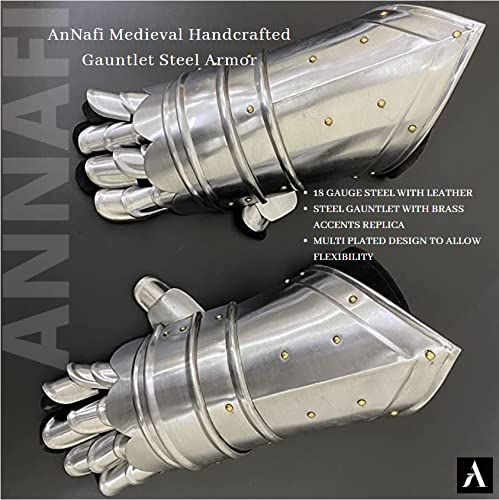 Image of AnNafi Medieval Iron Gorget Spaulders Arm Shoulder + Handcrafted Leather Gauntlet Gloves Steel Armor and Leather Hand Protective Gloves Set, Adult Cosplay Outfits LARP Renaissance Accessories