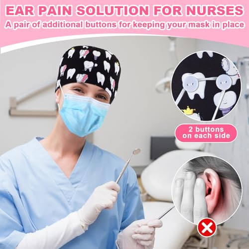 Image of Unittype 4 Pcs Nurse Caps for Women Nursing Working Caps with Button and Sweatband Adjustable Elastic Scrub Hats for Dentist