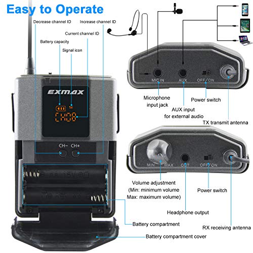 EXMAX® UHF-938 Professional UHF Wireless Tour Guide System for Tour Guiding, Teaching, Travel, Field Interpretation - 1 Transmitter and 4 Receivers