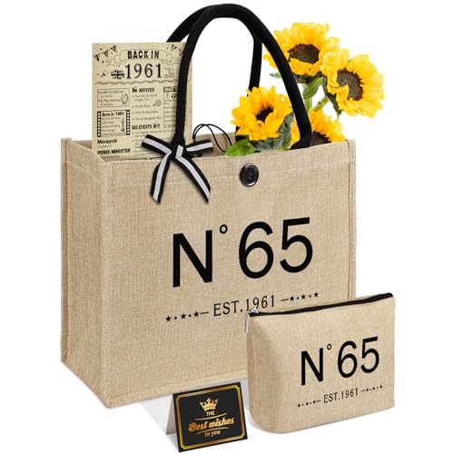 Amosking 65th Birthday Gifts for Women Jute Tote Bag Vintage N65 Burlap Handbag with Cosmetic Bag and Back in 1961 Poster Unique 65 Years Old Gifts for Mum Wife Friends Sister Her