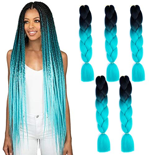 Jumbo Braiding Hair 5PCS/Lots Ombre Kanekalon Braiding Hair Extensions High Temperature Synthetic Hair 24 Inch for Braiding Hair (black-cyan)