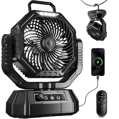 VTHW Camping Fan 20000mAh Rechargeable Battery Fan with Remote Stepless Speed 270 Rotation Timer Mode Hook LED Light Personal Desk USB Fans for Outdoor Tent Camping (Black)
