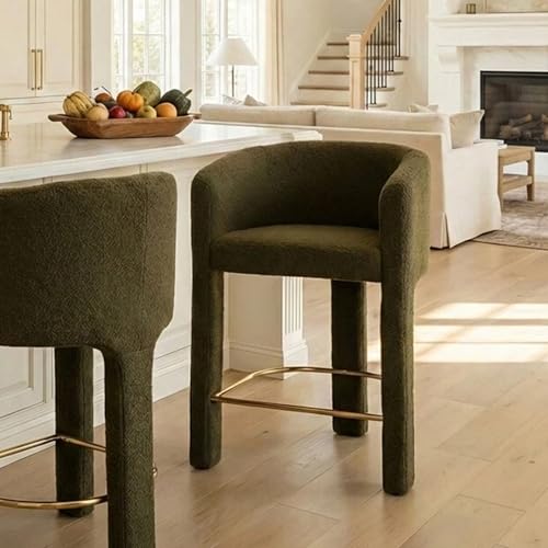 Image of HNY Modern Barrel Bar Stools, 26 Inch Upholstered Sherpa Counter Height Bar Stools with Back and Armrests for Kitchen Island, Home Bar, Dining Room, No Assembly, Green