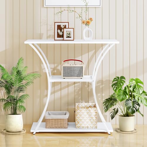 HDANI 3-Stufiger Metall Konsolentisch mit mittlerem Gitterregal,Schmaler Flurtisch mit Stabilem Rahmen, Schmaler Eingangstisch & Sofatisch für Flur, Wohnzimmer, Eingangsbereich,Weiß(80x 30 x 78,5cm)