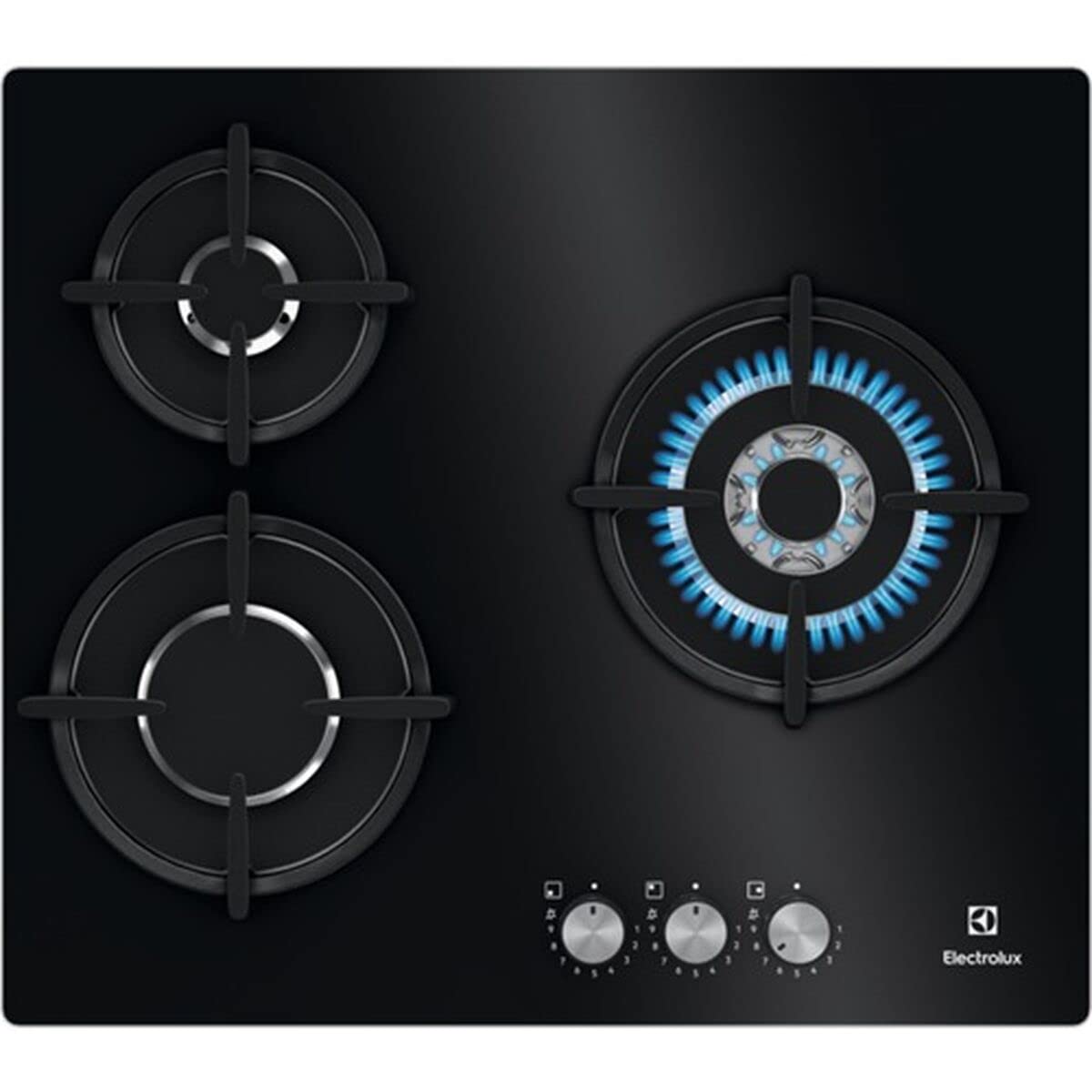 Electrolux KGE6633NOK Plaque de gaz de 60 cm et 3 zones, zone Wok, commandes avant, chaleur instantanée, allumage automatique, thermocouple de sécurité, avec injecteurs d'échange, noir