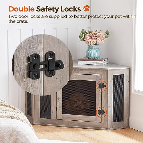 Corner Dog Crate Furniture, Wooden Dog Kennel End Table, Decorative Pet Crate Indoor Use, Furniture Style Dog House for Small Medium Dog, Dog Cage TV Stand, Greige and Black DCHG0801 - Image 5