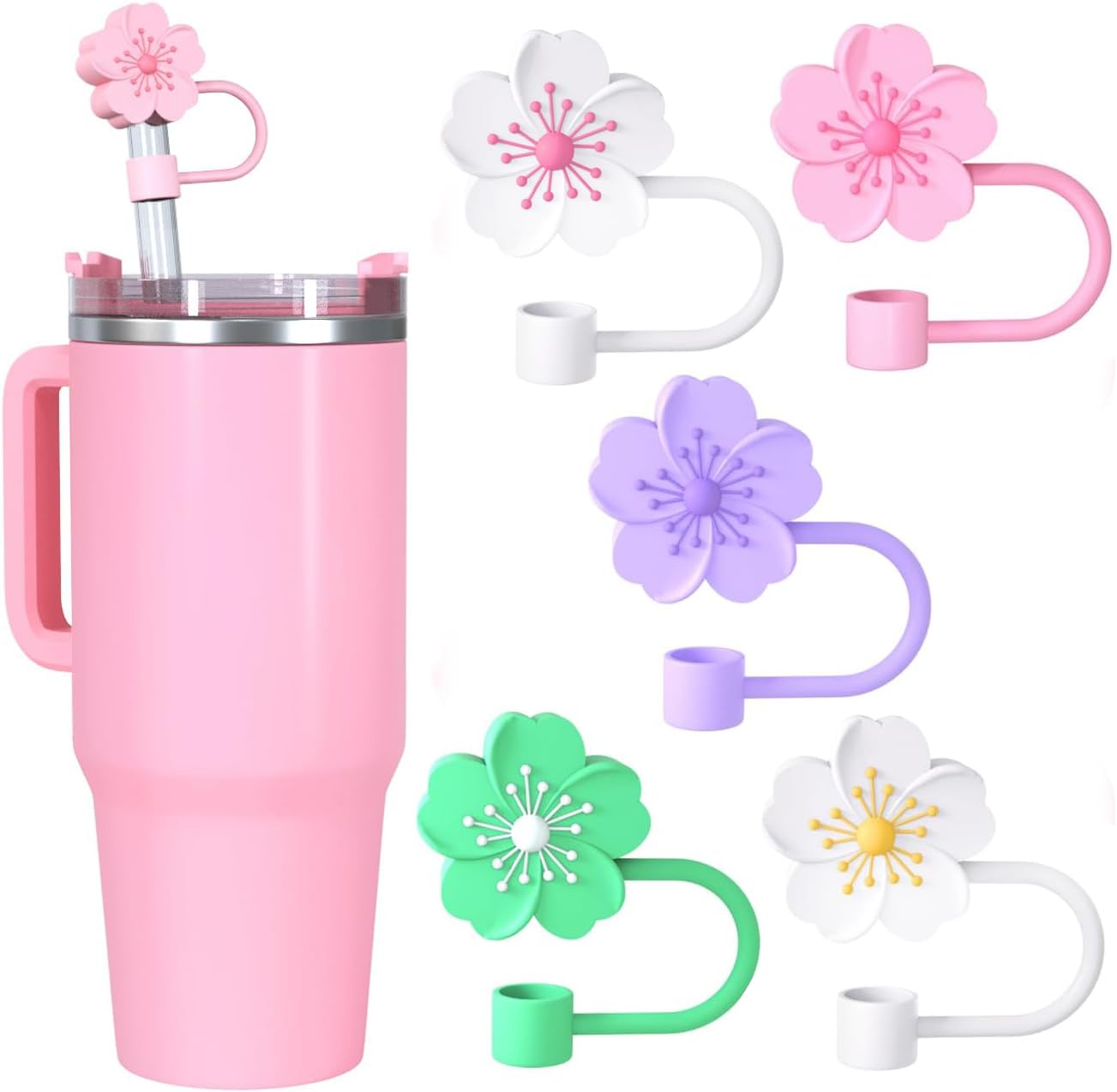 Spove 5PCS Begonia Silicone Straw Covers for Stanley Cup, Reusable Dust-Proof Straw Tip Lids Compatible with Stanley 30oz & 40oz Tumblers, 10mm (0.4in) Drinking Straw Covers