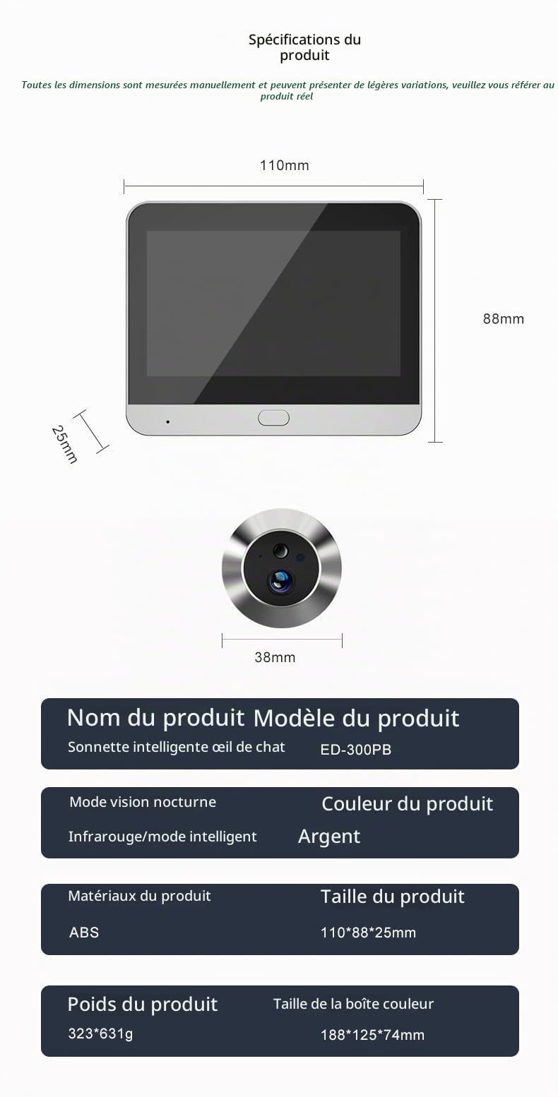 300PB 4.3" 4K Cat's Eye Sonnette Vidéo Interphone sans fil Vidéo Surveillance Haute Définition Vision Nocturne Infrarouge Détection de Mouvements Grand Angle 140° Veille Faible Puissance 180 jours