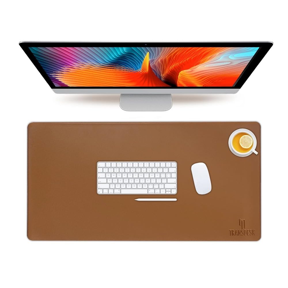 Transdesk Premium Extra Large Vegan Leather Desk Mat 900x450 mm (90×45 cm – 2mm Thick)| Smooth Mouse Pad with Exquisite Stitching| Non-Slip Velvet Base| Eco-Friendly for Office & Gaming - Brown