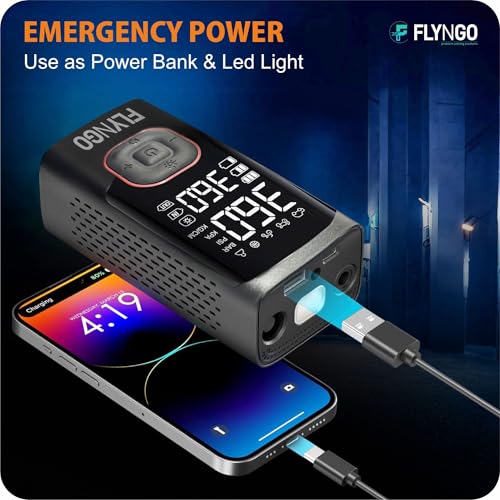 Image of FLYNGO 2-in-1 Tyre Inflator for Car and Bike, 150 PSI Wireless & Wired (4000mAh or 12V DC) Portable Air Compressor Pump with Type C Port, Digital Display, Power Bank, LED Flash Light (FL-CTIP-1)