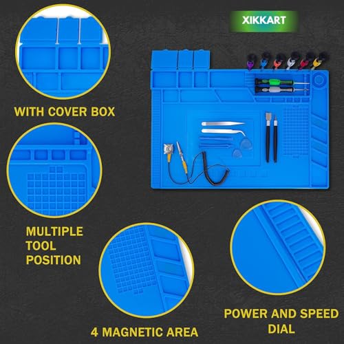 Image of XIKKART Silicone Magnetic Mat Rug For Laptop Mobile Repairing, 932F Heat Resistant Work Mat Large 17.8x11.8 inch Soldering Mat for Soldering, Cell Phone, Drone, Electronics (Blue, 30x45 Centimeter)