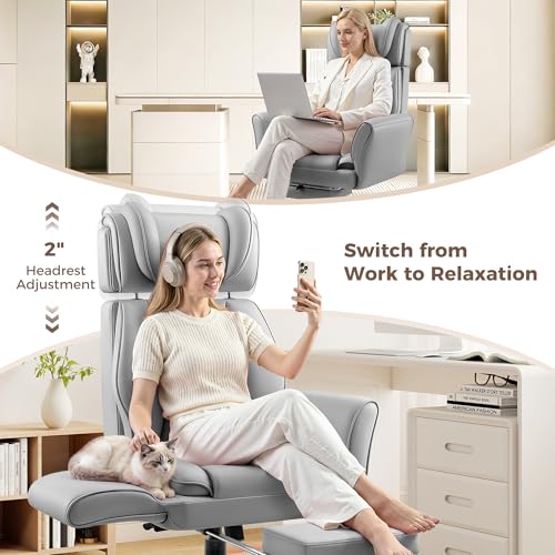 Image of Big and Tall Office Chair, Flip Armrests for Pets & Cross Legged Sitting, Ergonomic Leather Executive Desk Chair with Foot Rest, High-Back Reclining Computer Chairs for Home Office Gaming, Grey