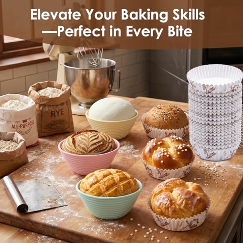 Yiopaun Banneton Bread Proofing Baskets: 3 Pack Silicone Sourdough Starter Kit - 5'' Round Collapsible Non-Stick Dough Bowls with 30 Baking Liners (Green/Yellow/Pink) - image 5
