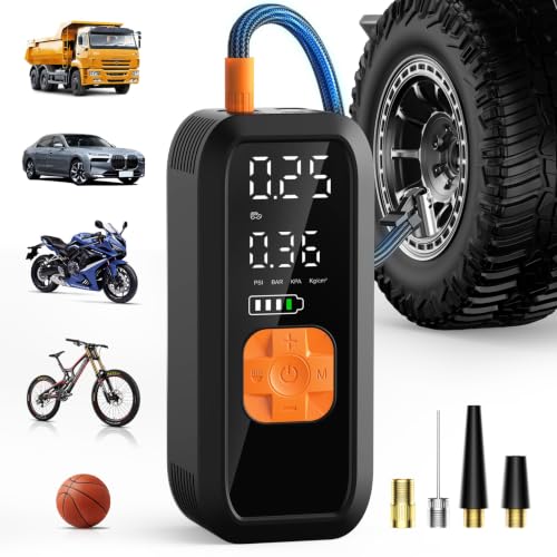 Portable Tire Inflator Air Compressor, 150 PSI Fast Cordless Pump, Dual Power (Battery + 12V DC),Auto Shut-Off, 5 Modes, Digital Dual Display for Car Truck Bike Tires, Balls, Inflatables
