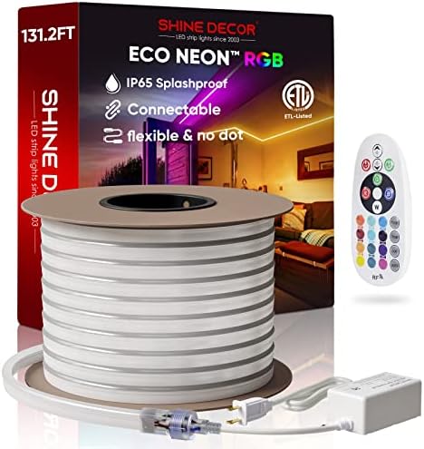 Shine Decor 131.2FT LED RGB Neon Rope Lights, ETL-Listed AC 110-120V Neon LED Strip Lights SMD5050 80LED/m with Remote, Dimmable Multicolor Change Flexible Neon Rope Lighting Waterproof for In&Outdoor