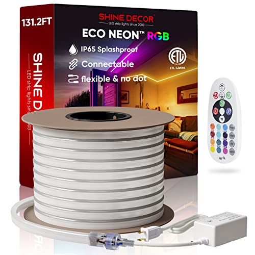 Shine Decor 131.2Ft Led Rgb Neon Rope Lights, Etl-Listed Ac 110-120V Neon Led Strip Lights Smd5050 80Led/M With Remote, Dimmable Multicolor Change Flexible Neon Rope Lighting Waterproof For In&Outdoor #TOP23