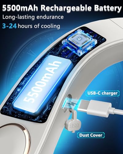 Image of FWV Portable Neck Fans with Cooling Plate, 5500mAh 3-24H Lasting, Whisper Quiet 30dB, USB-C Rechargeable Necklace Fan, LED for Battery&Speed, Personal Mini AC Device for Outdoors Walking Workout Gray