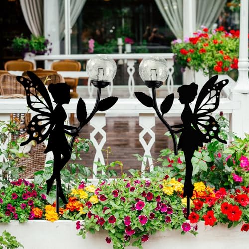 Ouddy-Decor-2-Pack-Solar-Fairy-Garden-Decor-Metal-Fairy-Statues-with-Crackle-Glass-Globe-Solar-Garden-Lights-Outdoor-Silhouette-Waterproof-for-Lawn-Patio-Yard-Pathway-Gardening