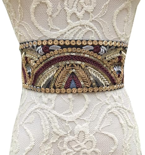 FANFAN Black Embroidered Belt Women Vintage Mexican Embroidered Belt 1920s Gold Sequin Belt Brown Embroidered Belt Women E7