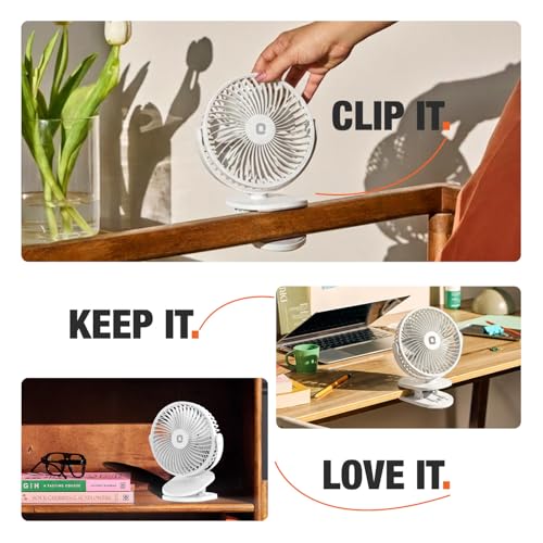 Image of Orient Electric Orbis Rechargeable Personal Fan | 360 Rotation | 1800 mAh Battery | 4 Speed Modes with Timer | Quiet Operation | USB Type-C Charging | Clip-On Mini Fan (White)