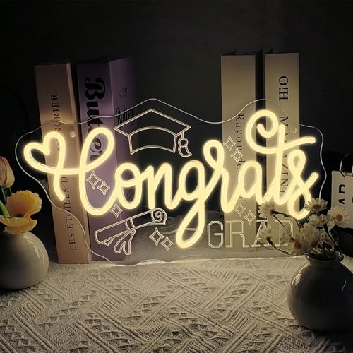 Image of Congrats Grad Neon Sign, Graduation Cap Neon Light LED Congrats Grad Sign, for Graduation Party Graduation Ceremony Graduation Yard Sign Indoor Graduation Gift(15.7 * 8.6 In)