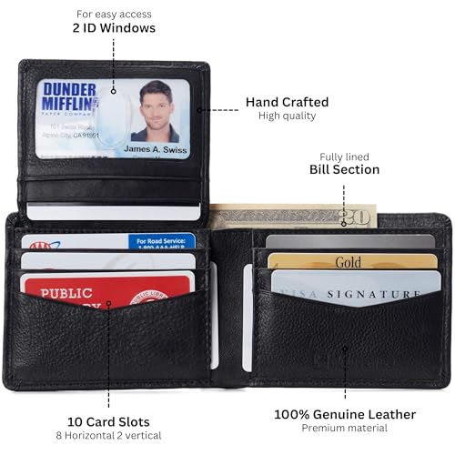 Alpine Swiss Connor Executive Bifold Wallet | Business Passcase for Men | Premium Leather | Dual ID Windows | RFID Blocking | Gift Box Included Soft Nappa Black4