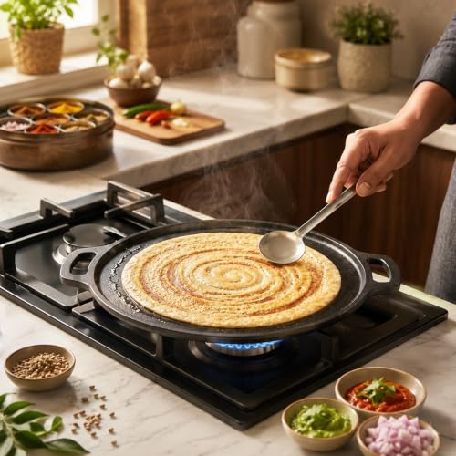 Image of HomeEssentials Non-Stick 30cm Cast Iron Dosa Tawa with Silicone Handle | Pre-Seasoned Iron Griddle for Dosa, Roti, Paratha, Uttapam & Pancakes | Naturally Non-Stick | Even Heat Distribution
