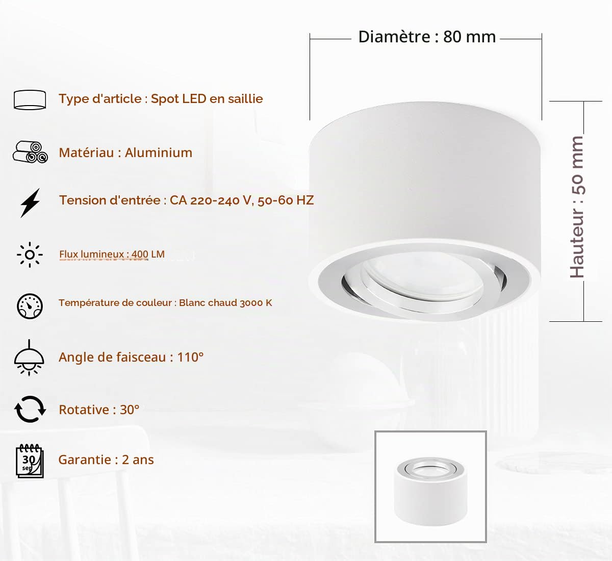 KYOTECH Spot LED en Saillie Orientable Ø80x50mm Plafonnier Ronde Blanc - Luminaire Apparent Downlight 5W avec Module 400LM 3000K Blanc Chaud