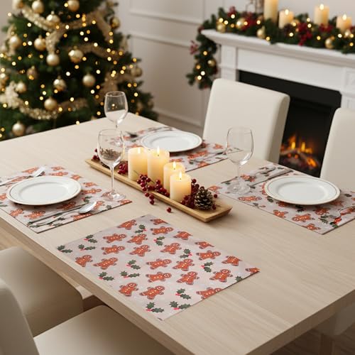 Image of Dining Table Mats Set of 4 with 135 cm Runner - Gingerbread Man Theme,Digital Print, Washable, Indoor /Outdoor, Heat-Proof, Wipe & Clean (47X33 cm) Cream & Brown