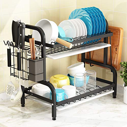 Dish Drying Rack, 1Easylife 2-Tier Compact Kitchen Dish Rack Drainboard Set, Large Rust-Proof Dish Drainer with Utensil Holder, Cutting Board Holder for Kitchen Counter Tableware Organizer Space Saver