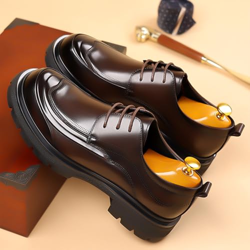 Men's Genuine Leather Platform Oxfords Fashion Round Toe Lace Up Chunky Heel Non-Slip Lug Sole Soft Bottom Business Formal Derby Dress Shoes for Wedding Work Office3