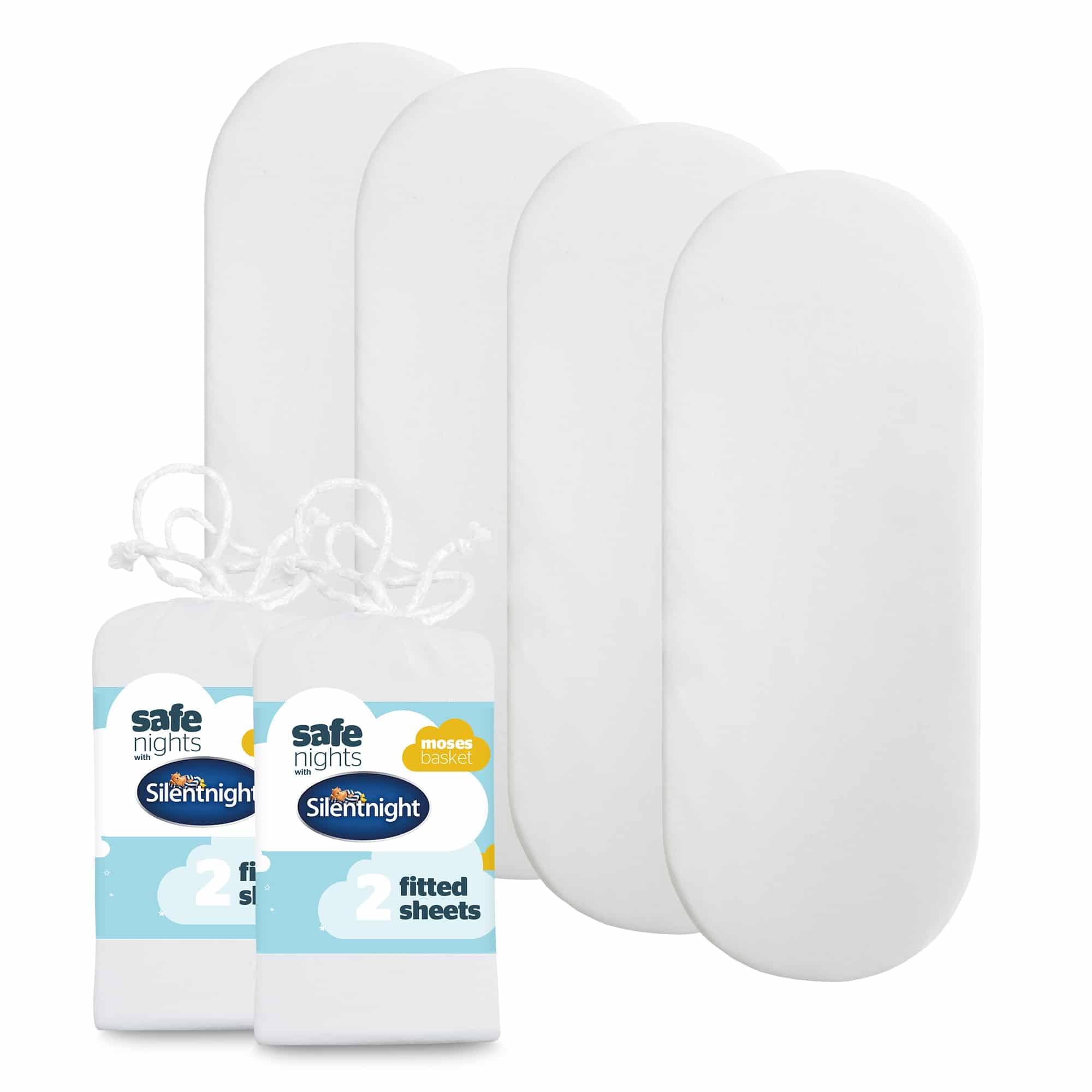Silentnight Safe Nights Fitted Sheet - Pram Moses Basket Mattress - Breathable 100% Cotton Jersey - Super Soft Kind to Baby Skin - 74x27cm - Secure Fit with Elasticated Corners - 4 Pack, White
