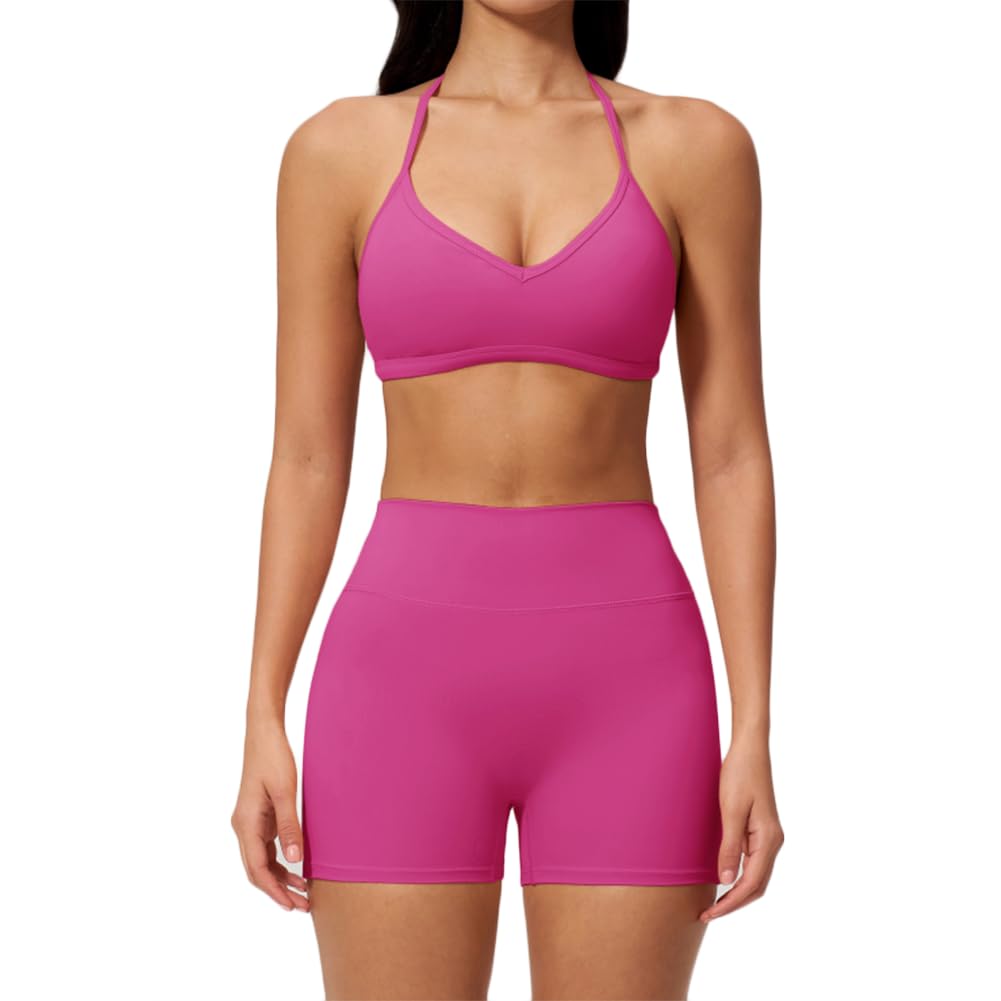 XYFfybhsd Women's Halter Neck Sports Bra Workout Shorts Leggings Set High Elastic Gym Fitness Set(Size:S,Color:Pink)