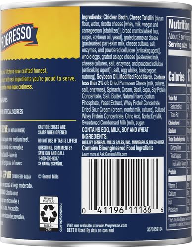 Image of Progresso Rich & Hearty Three Cheese Tortellini Soup, 18.5 oz | Cheese tortellini in creamy chicken broth with spinach, 170 calories per 1-cup serving, No artificial flavors
