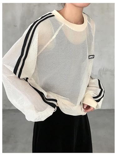 Verdusa Women's Mesh Sheer Oversized Sweaters Striped Raglan Sleeve Pullover Tops3