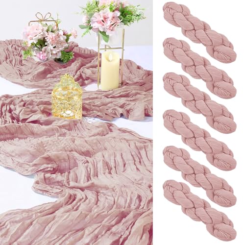 MUUKAIII 6 Pièces Chemins de Table en Rose 90 x 300cm Boho Gaze Etamine à Fromage Chemin de Table Rustique en Gaze pour décoration de Table de Mariage,...