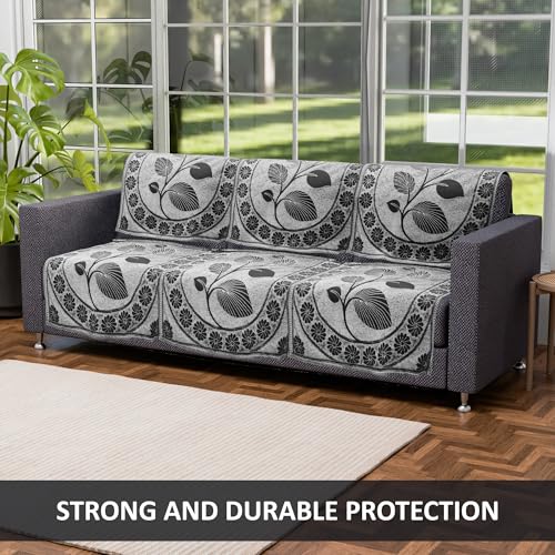 Image of Kuber Industries Cottonblend (Set of 10) 5 Seater Sofa Cover for Living Room | Durable & Stylish Sofa Slipcover Protector for Home, Living Room & Office | Leaf Desgin -Black