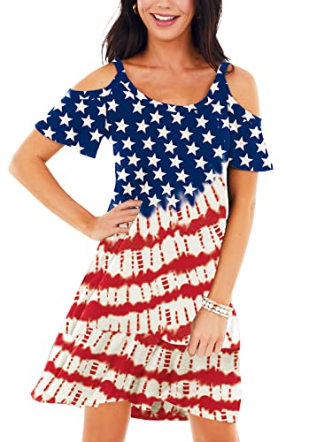Image of Deerose Womens 4th of July Dresses Cold Shoulder American Flag Tie Dye A-Line Dress with Pockets