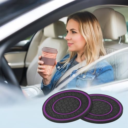 Image of Osilly 2 Pack Car Coasters for Cup Holder, 2.75 Inch No-Slip Anti Dust Insert Coaster, Universal Auto Waterproof Coasters Silicon Insulation Cup Mats for Woman Man, Suit for Vehicle Interior (Purple)
